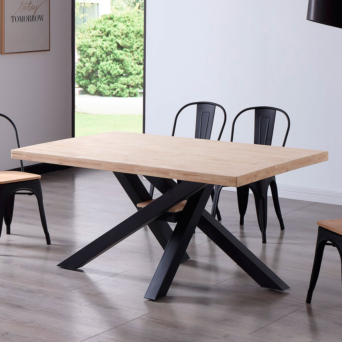 Mesa de comedor Xena forma patas cruzadas tapa regular roble Nordish/negro 76x160x100 cm