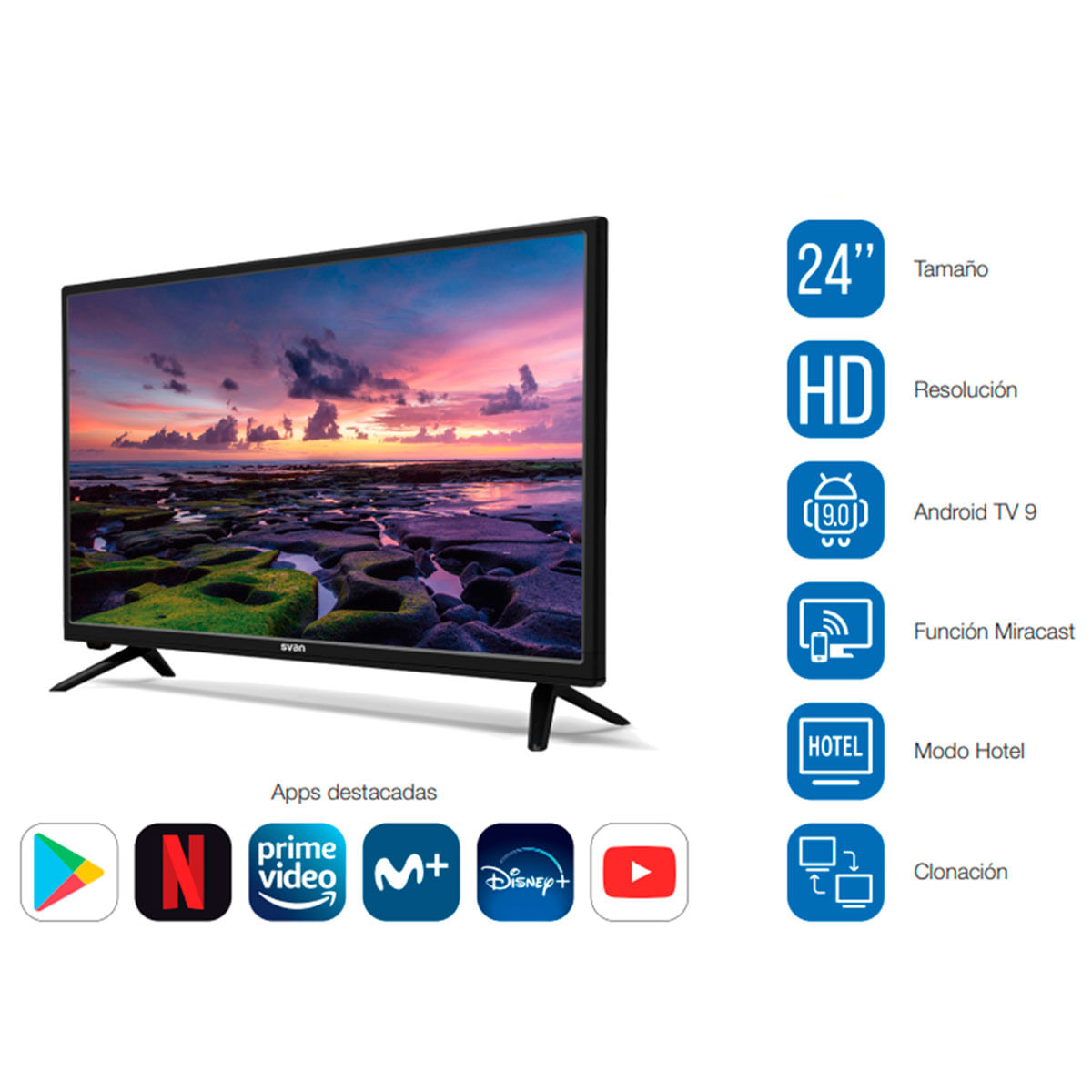 Televisor Smart TV Svan SVTV24SM 24'' HD LED Android 9 F negro características