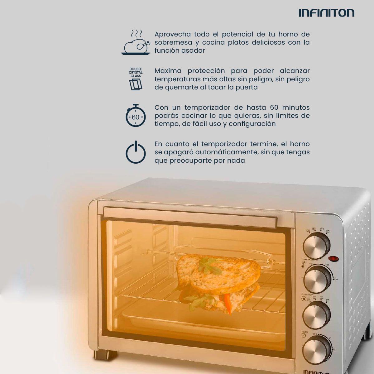 Horno de sobremesa Infiniton HSM-32SN47 2000W 45L con accesorios inox características