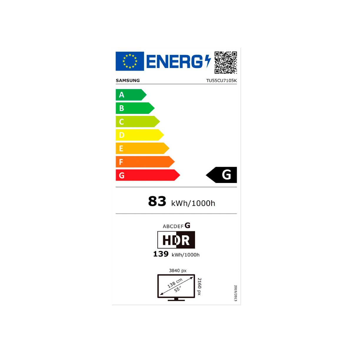 Televisor Smart TV Samsung CU7105 55'' 4K Crystal UHD LED Tizen G negro eficiencia energética