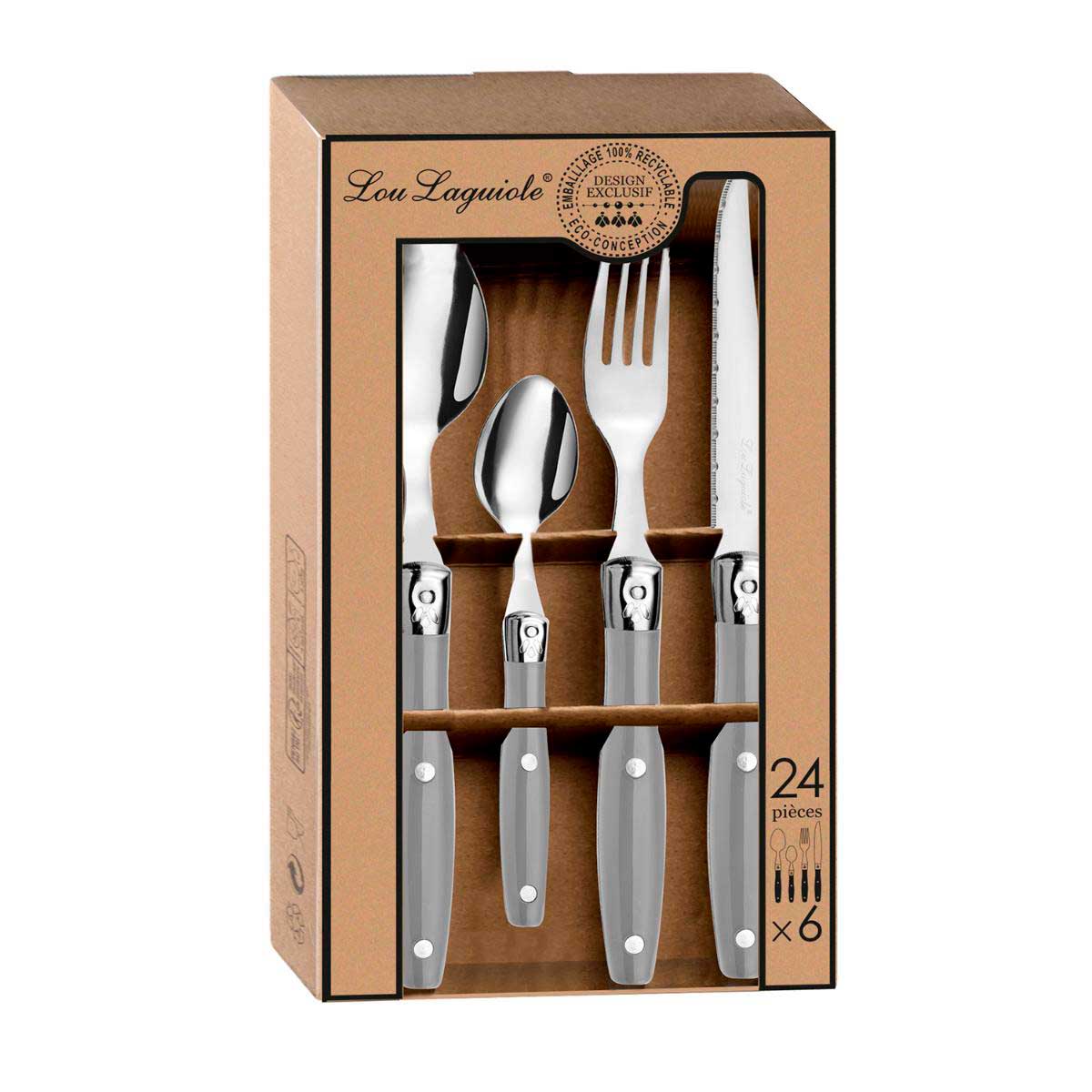 Set de 24 cubiertos Comptoir Lou Laguiole 6 servicios acero inox gris detalle caja