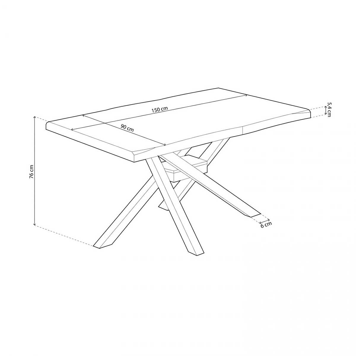 Mesa de comedor Xena forma patas cruzadas tapa irregular roble Honey/negro 76x150x90 cm medidas