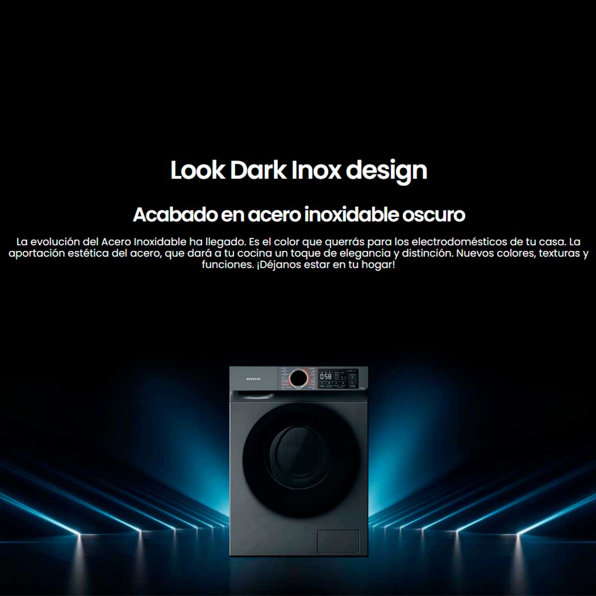 Lavadora Infiniton WM-10BU 10kg 1400 rpm función Add Clothing B Dark 85 cm detalle inox