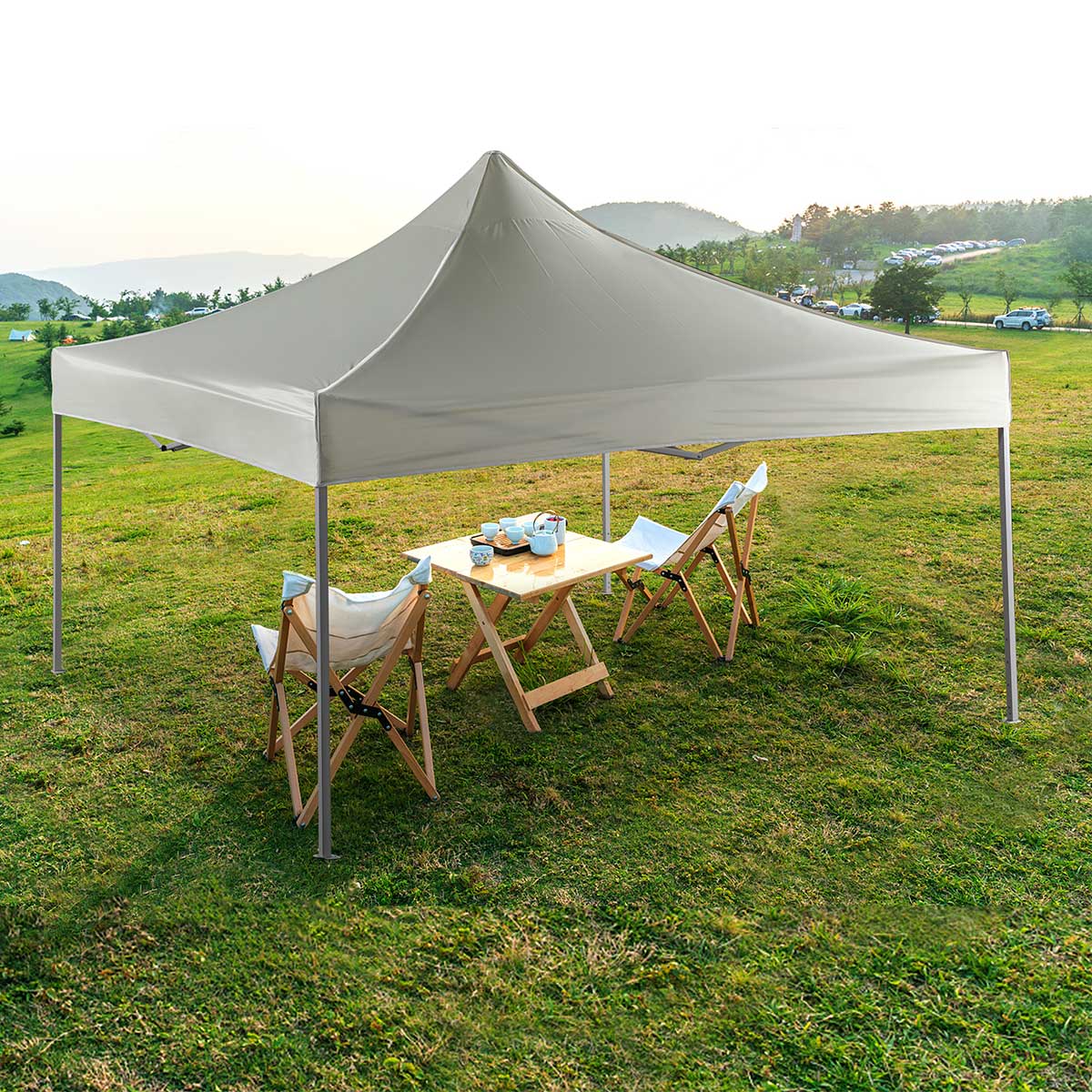 Carpa gazebo Terracota plegable 3x3 m crema ambientada