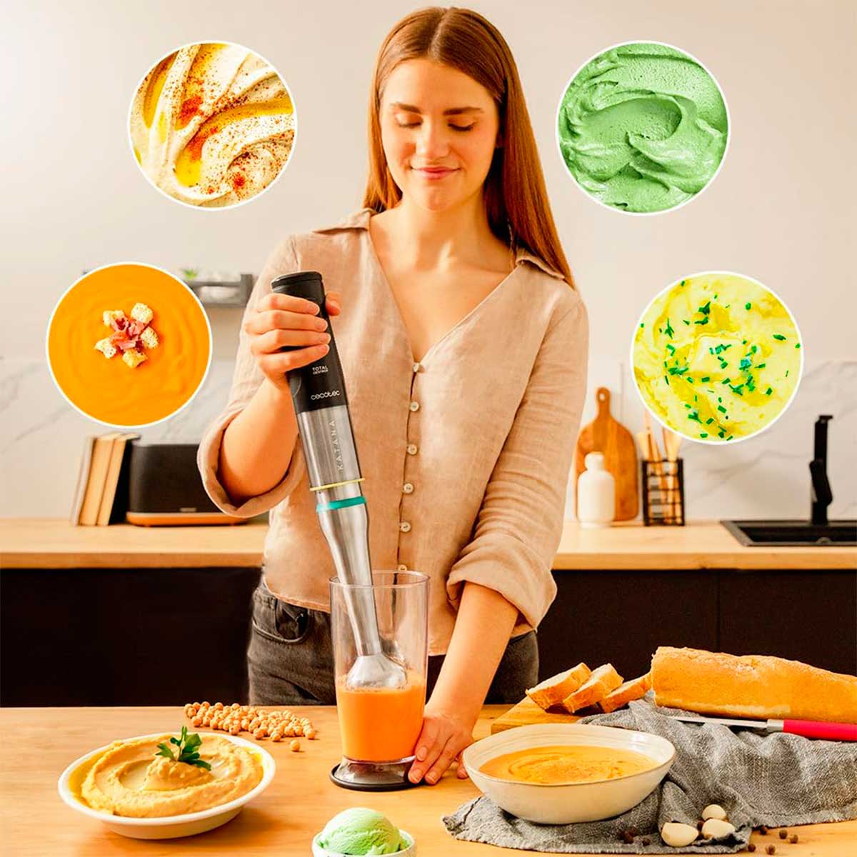 Batidora de mano Cecotec Katana 15 Cream B 1500W 21 velocidades con accesorios inox ambientada 6