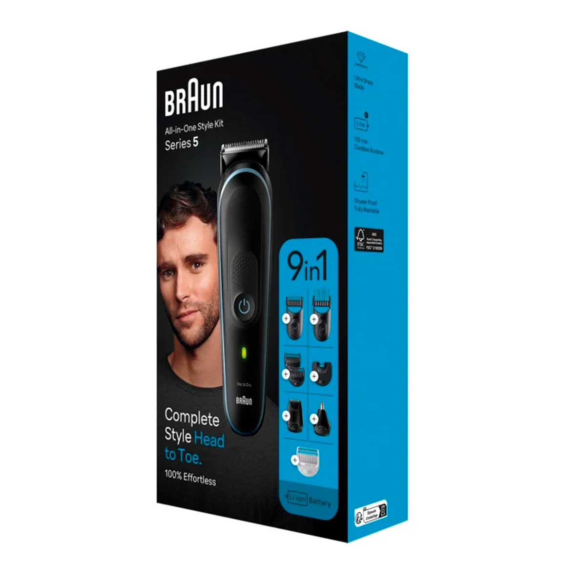 Recortadora Braun Series 5 MGK 5411 9 en 1 uso de cabeza a pies negro detalle caja