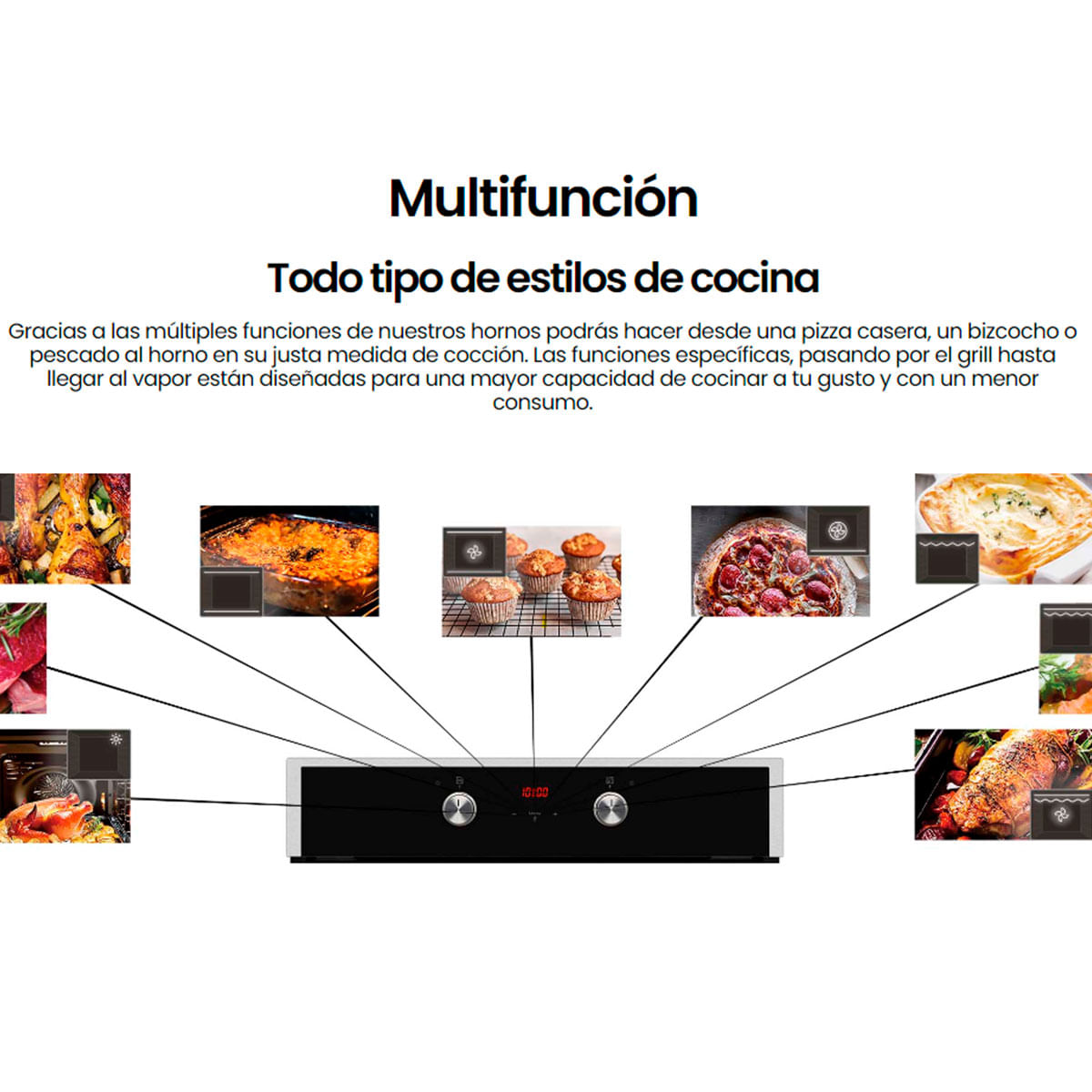 Horno Infiniton A690 3000W 65L 9 programas tecnología Vapor i-cleaning negro 59,5 cm características