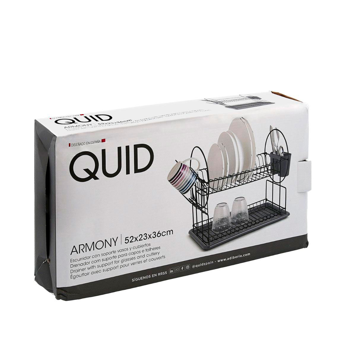 Escurridor Armony Quid 2 alturas con cesto de cubiertos y copas gris oscuro detalle caja