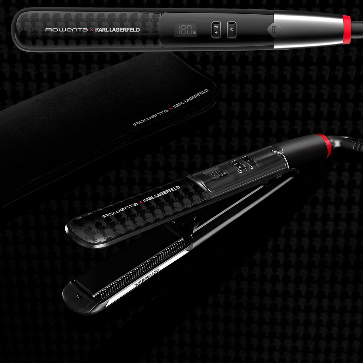 Plancha de pelo Rowenta K/Pro Stylist x Karl Lagerfeld tecnología iónica negro fondo negro