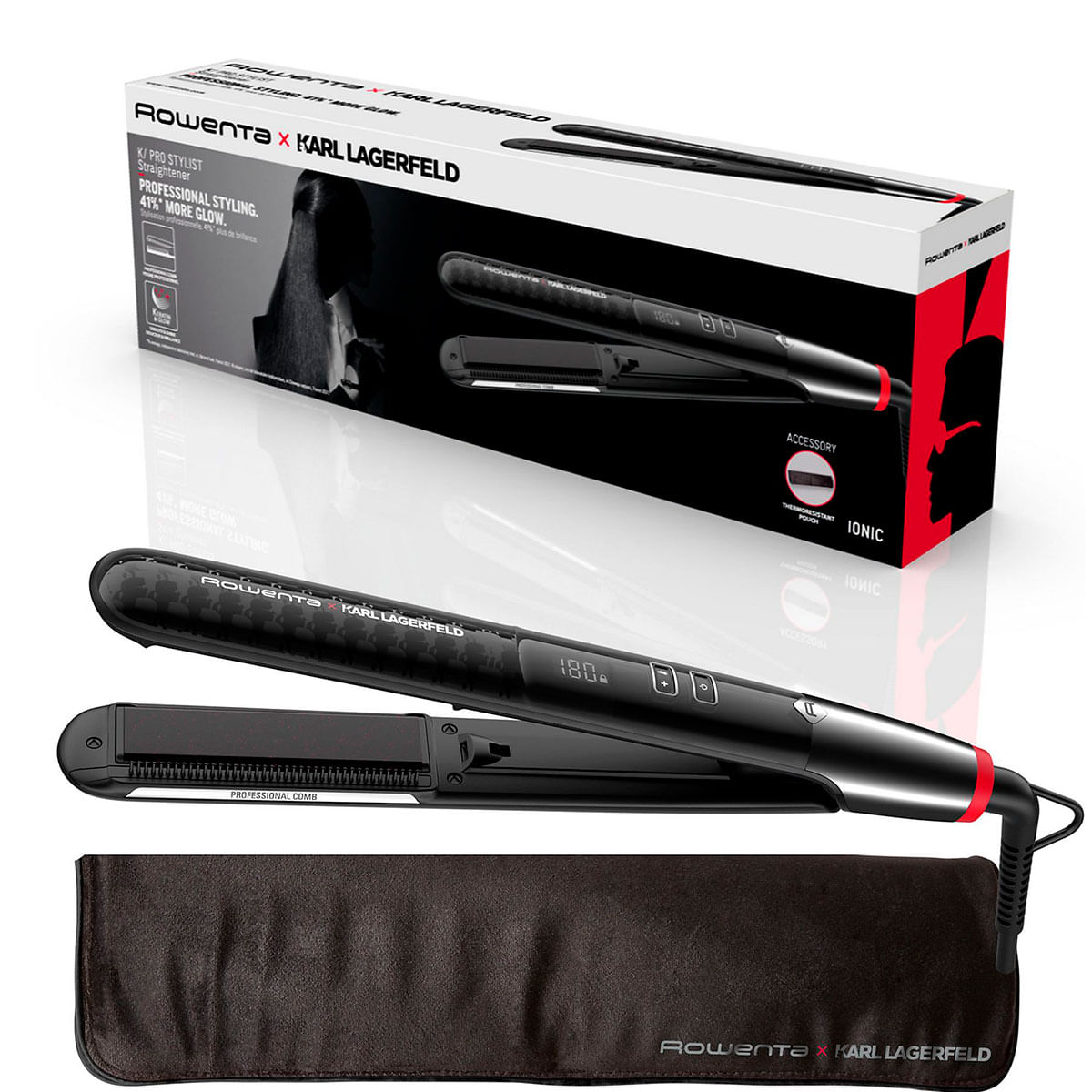 Plancha de pelo Rowenta K/Pro Stylist x Karl Lagerfeld tecnología iónica negro detalle caja
