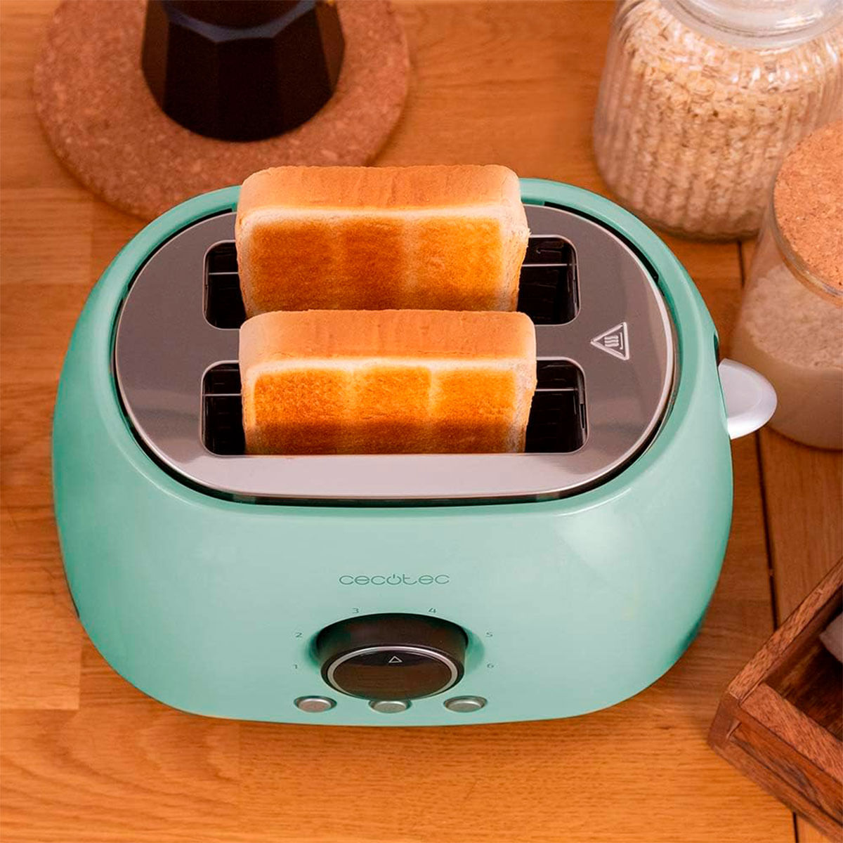 Tostador Cecotec ClassicToast 8000 Double 800W 2 ranuras pantalla digital azul claro vista cenital