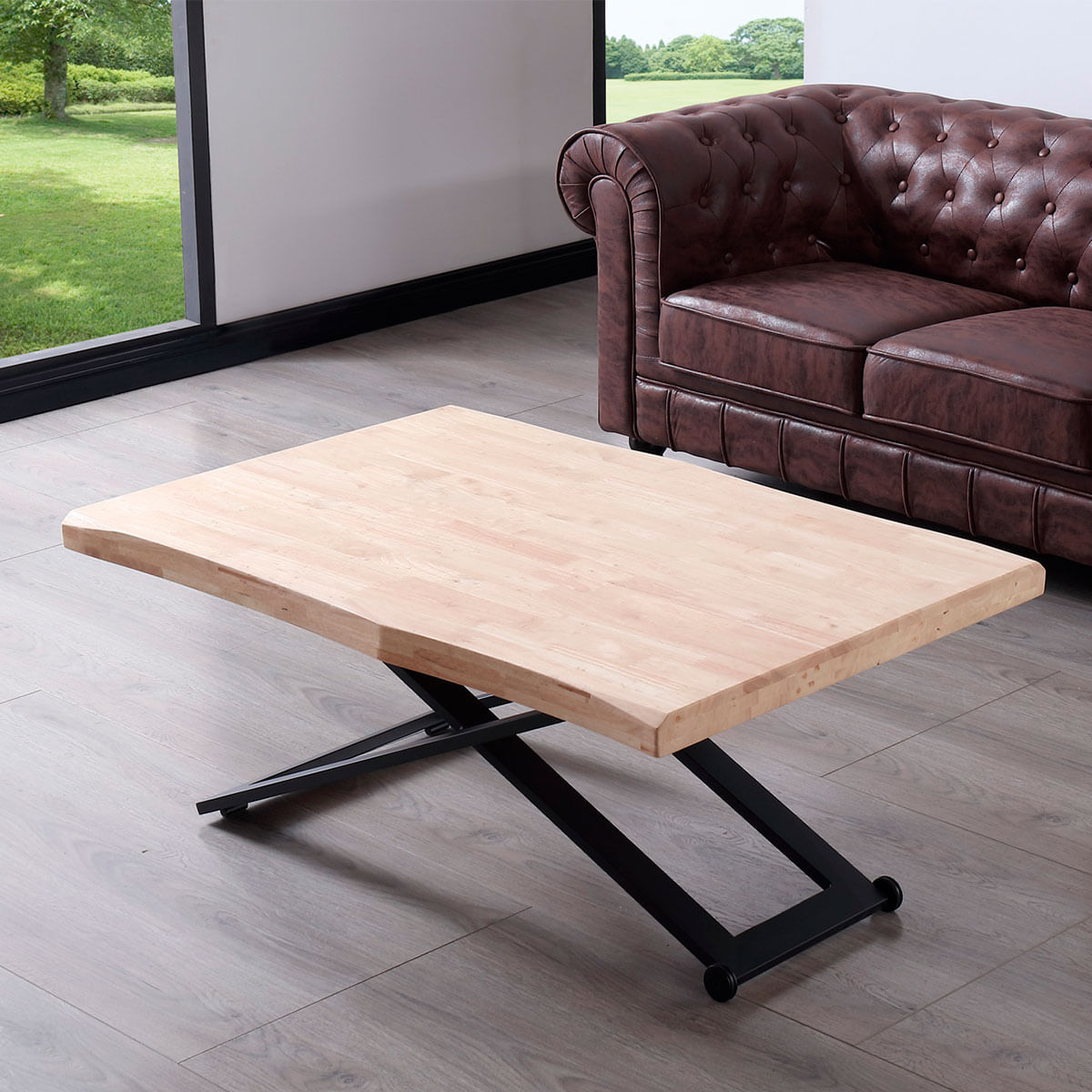 Mesa de centro Zoe elevable con tapa irregular roble Nordish/negro 49-76x120x80 cm ambientada
