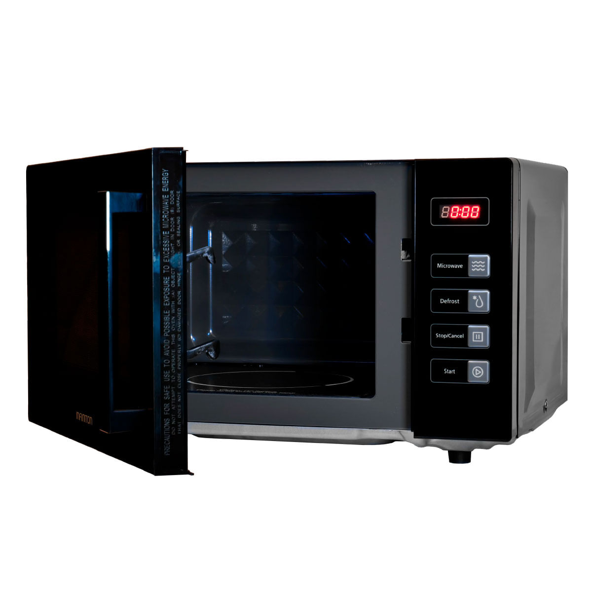 Microondas Infiniton MW-F230 800W tecnología Flatbed Cavity sin plato negro abierto