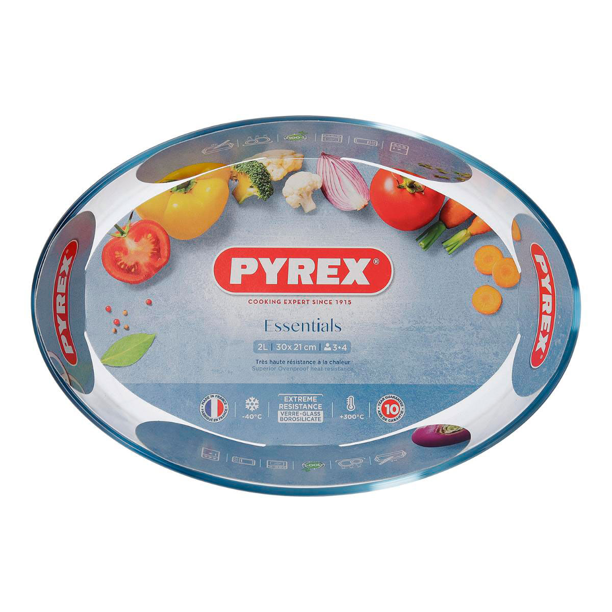 Fuente Essentials Pyrex forma oval transparente 30x21 cm detalle embalaje