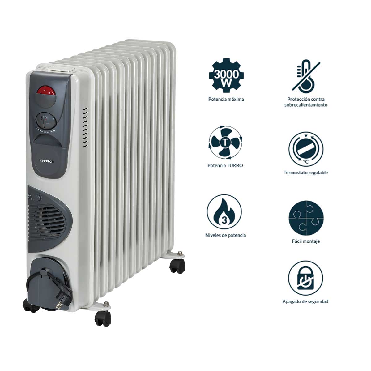 Radiador de aceite Infiniton HOT-300T 3000W 3 niveles de potencia blanco características