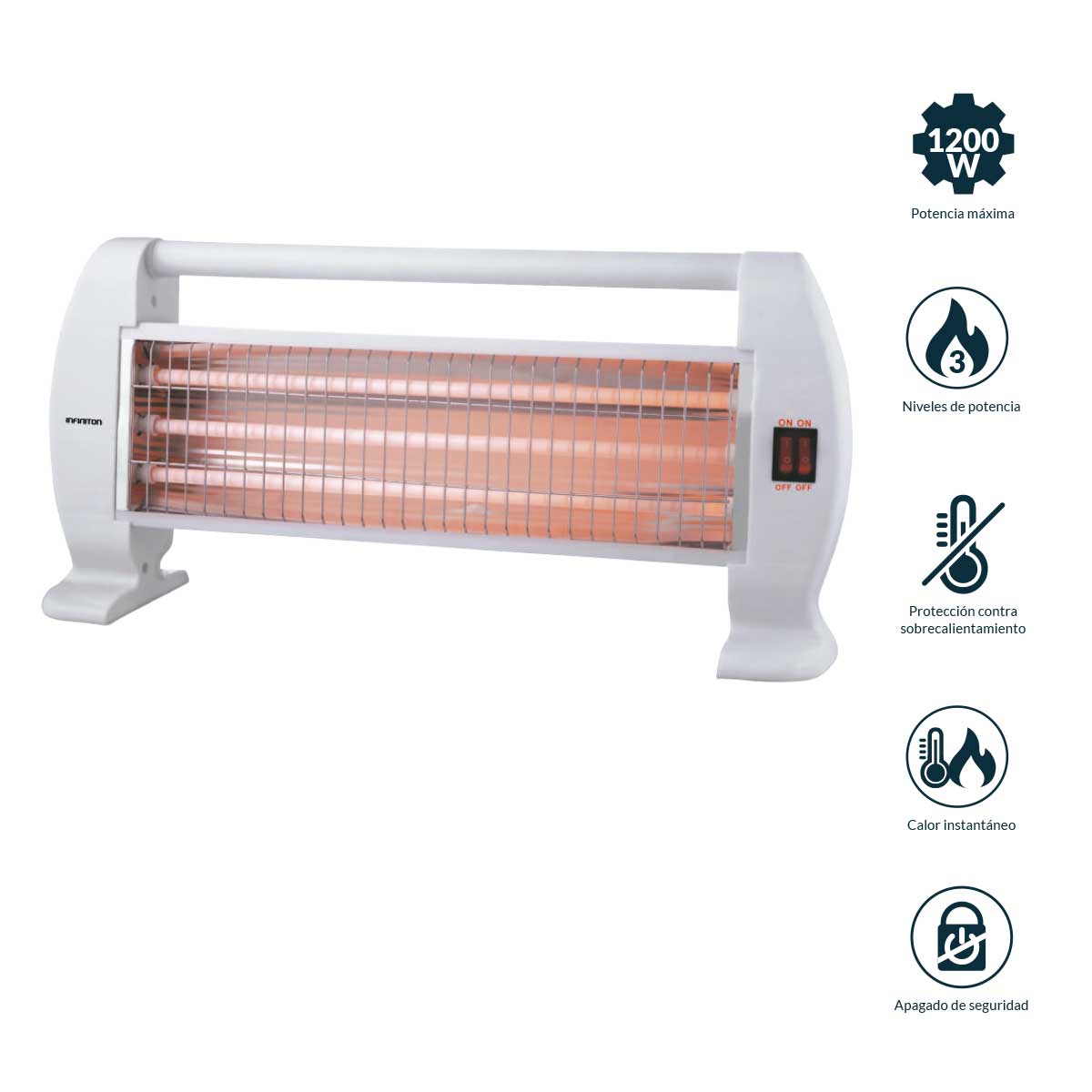 Estufa de cuarzo Infiniton HQP-120 1200W 3 niveles de potencia blanco características