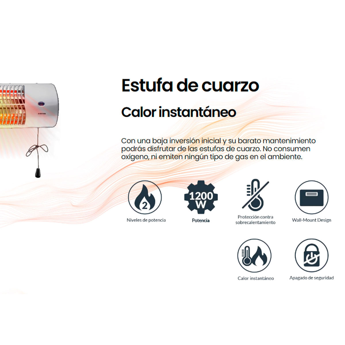 Estufa de cuarzo Infiniton HQP-W22 1200W 2 niveles de potencia colgante plata características