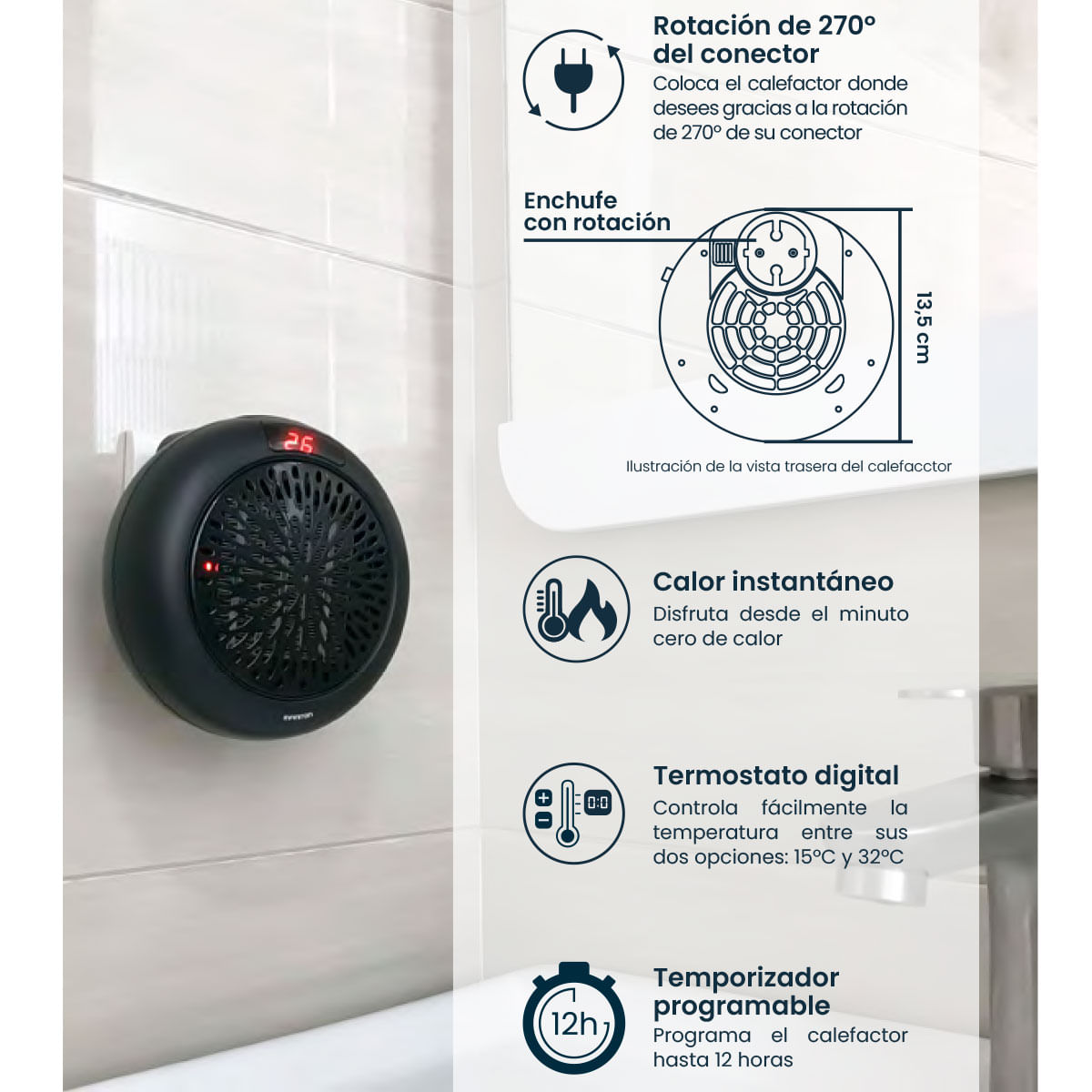 Calefactor ventilador Infiniton HWS-6AC 600W display LED negro características 2