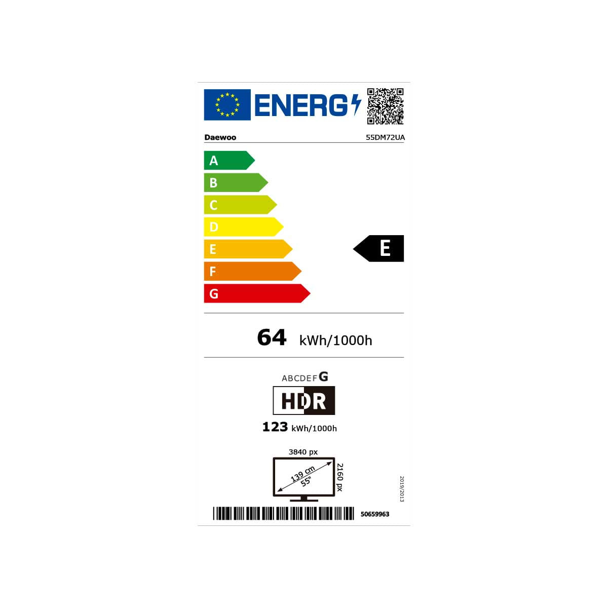Televisor Smart TV Daewoo 55DM72UA 55'' 4K DLED Android 11 E negro eficiencia energética