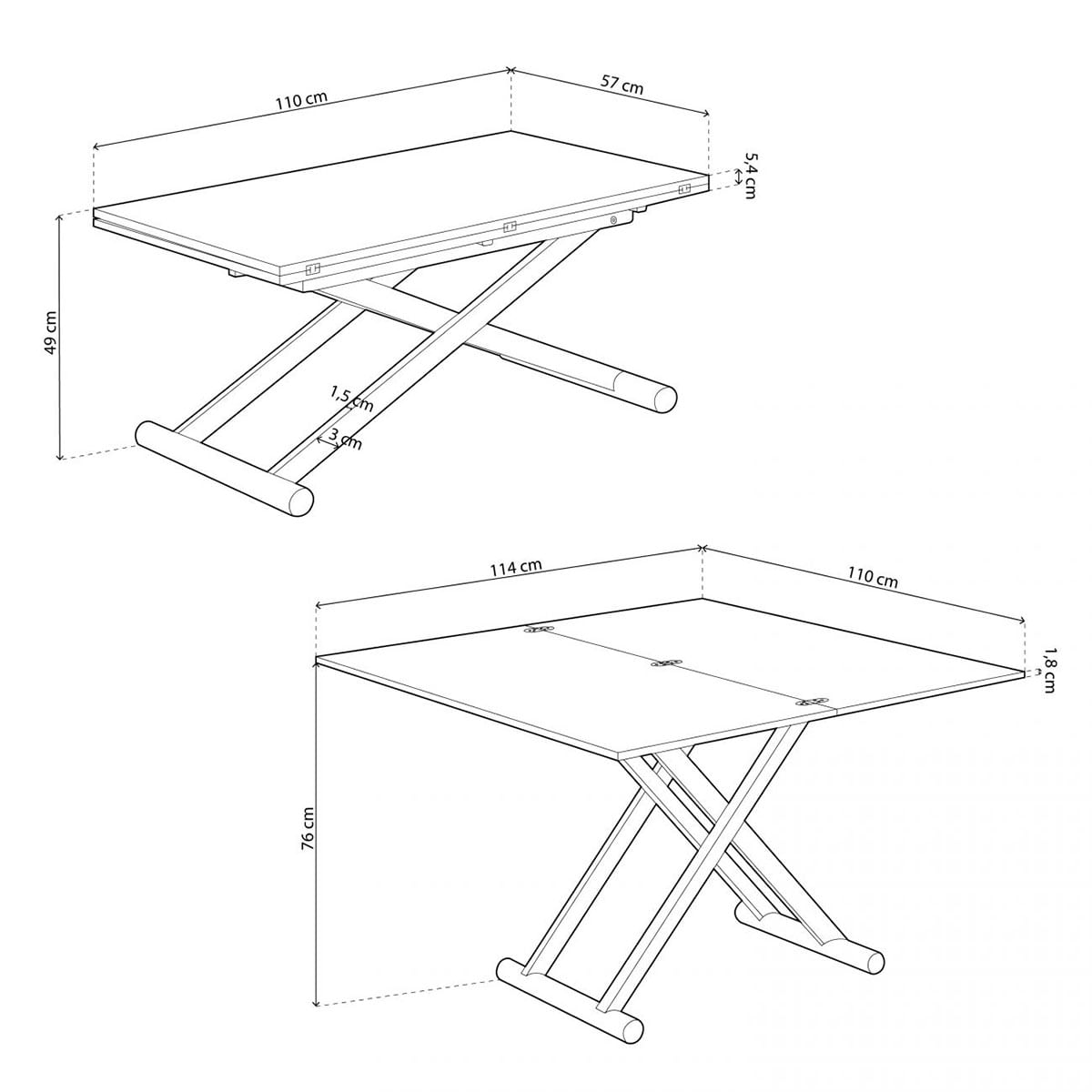 Mesa de centro elevable Natural convertible en mesa de comedor roble Nordish/blanco 49x110x57 cm  medidas