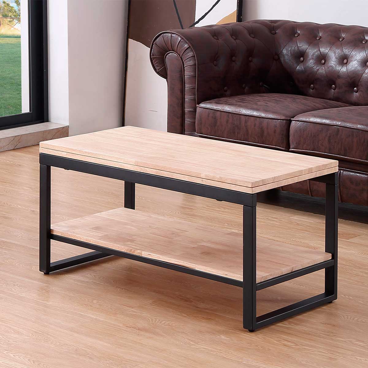 Mesa de centro Steve elevable y extensible + estante inferior roble Nordish/negro ambientada