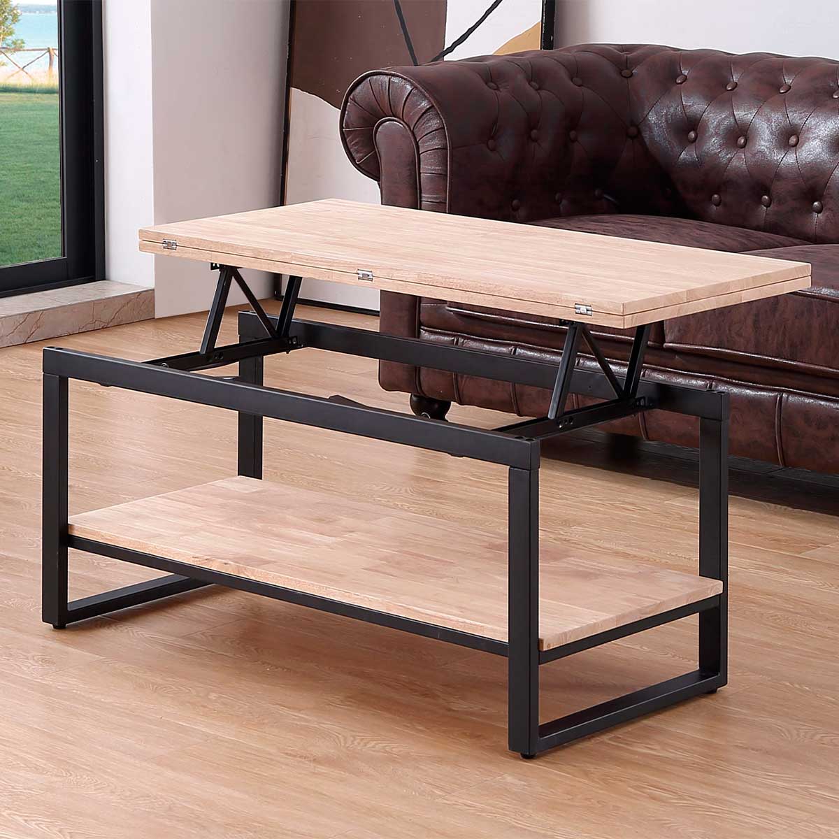 Mesa de centro Steve elevable y extensible + estante inferior roble Nordish/negro elevada