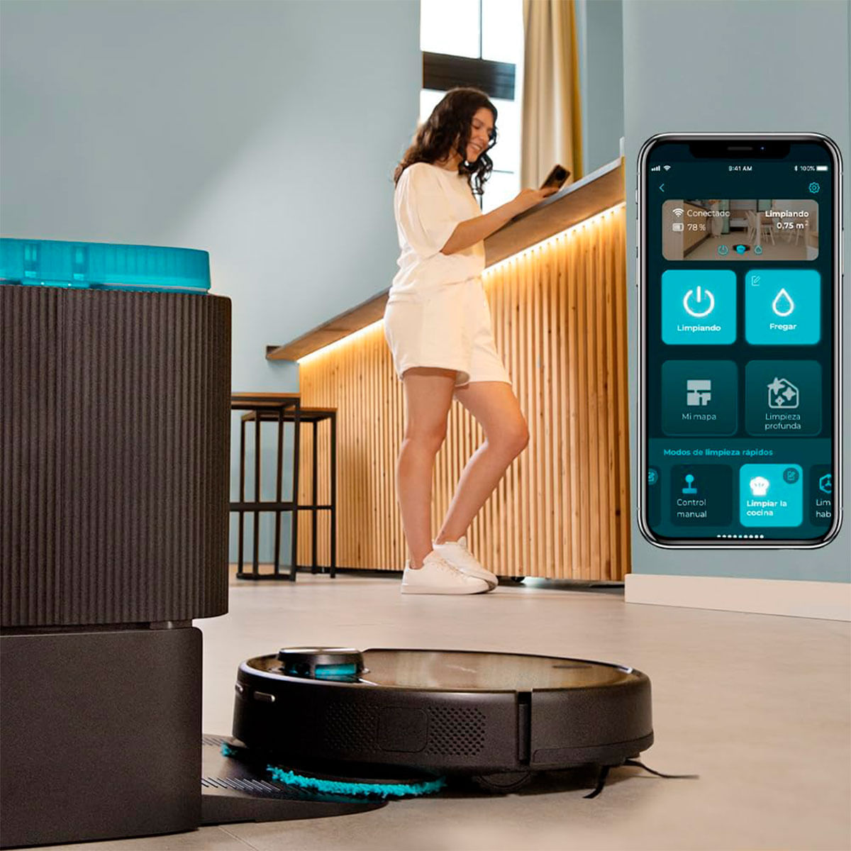 Robot aspirador Cecotec Conga 11090 Spin Revolution Home&Wash 4 en 1 WiFi base inteligente negro ambientada