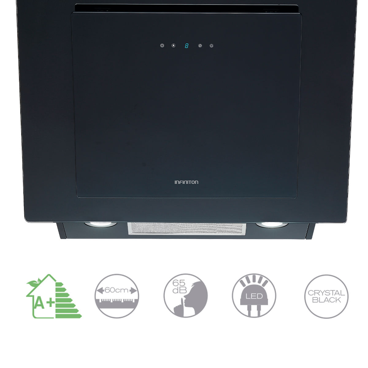 Campana decorativa Infiniton CMPTRAL-N68 145W 720m3/h táctil acabado cristal A+ negro 60 cm características