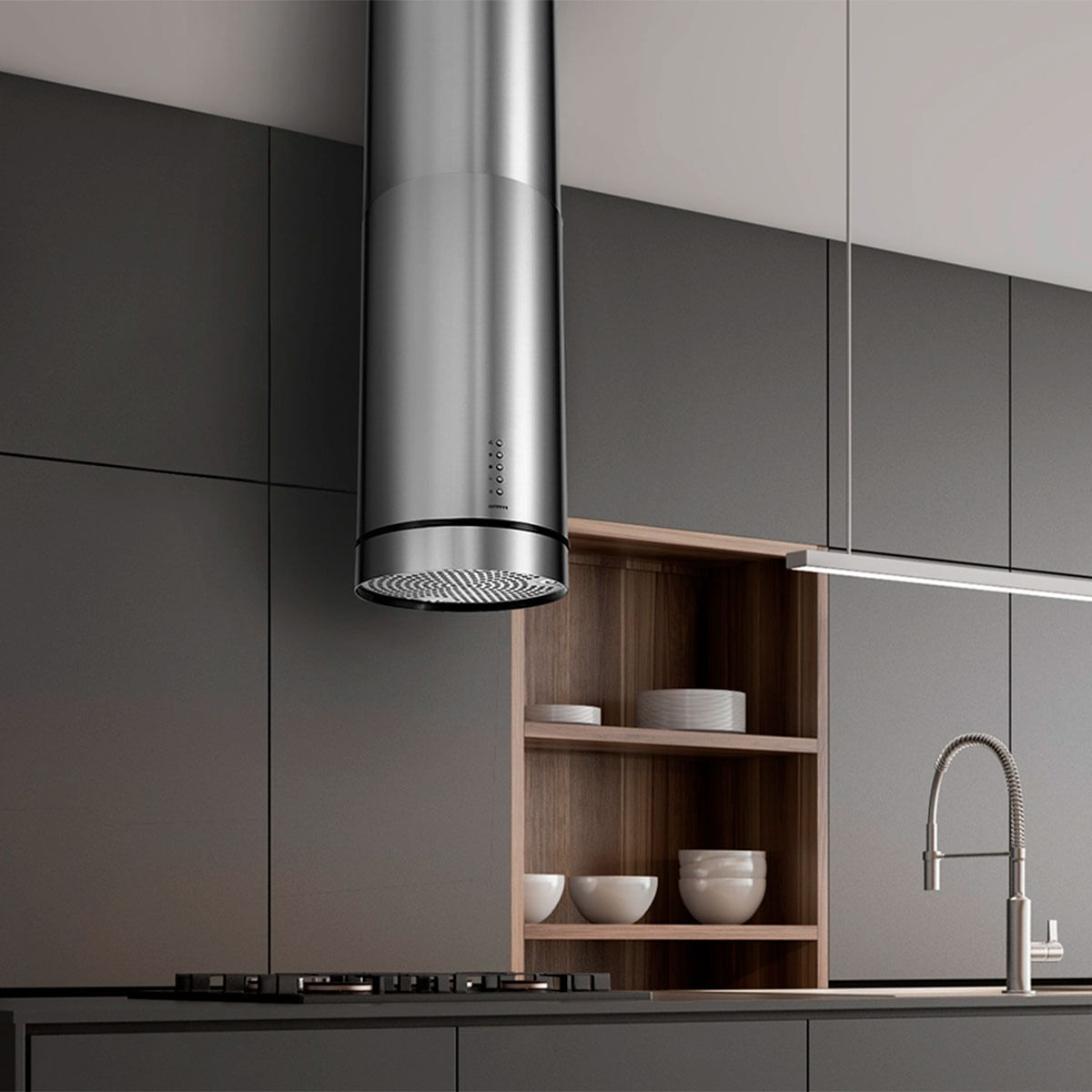 Campana tipo isla Infiniton CMPY-IST9A 145W 720m3/h diseño tubular inox Ø35 cm detalle en cocina