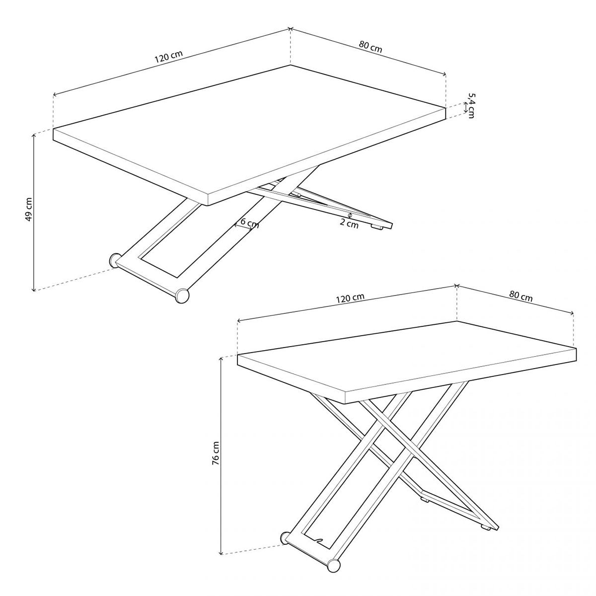 Mesa de centro Zoe elevable con tapa regular roble Nordish/negro 49-76x120x80 cm medidas