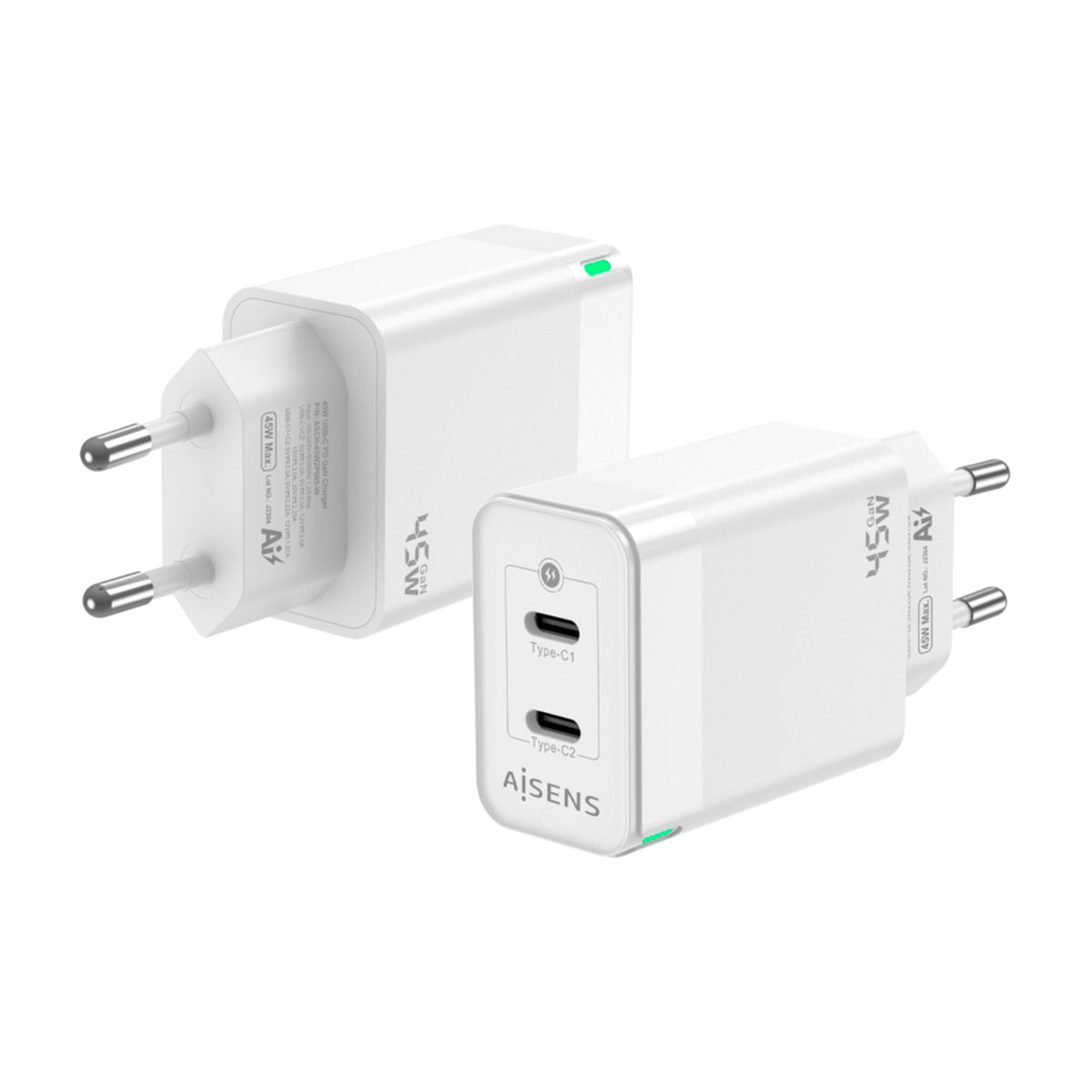 Cargador de pared Aisens ASCH-45W2P005-W 45W 2 USB-C tecnología GaN blanco 2
