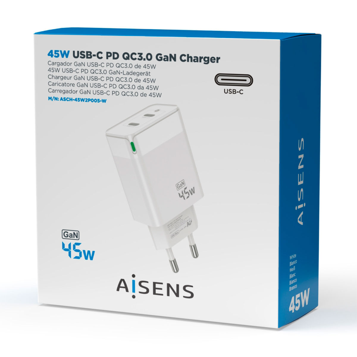 Cargador de pared Aisens ASCH-45W2P005-W 45W 2 USB-C tecnología GaN blanco 5