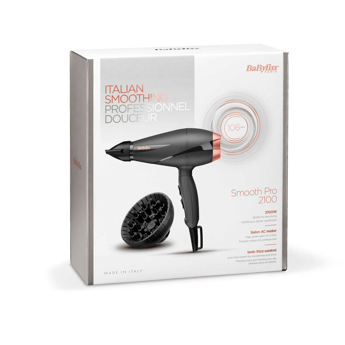 Secador de pelo Smooth Pro 2100 Babyliss 2100W tecnología iónica con accesorios negro 4
