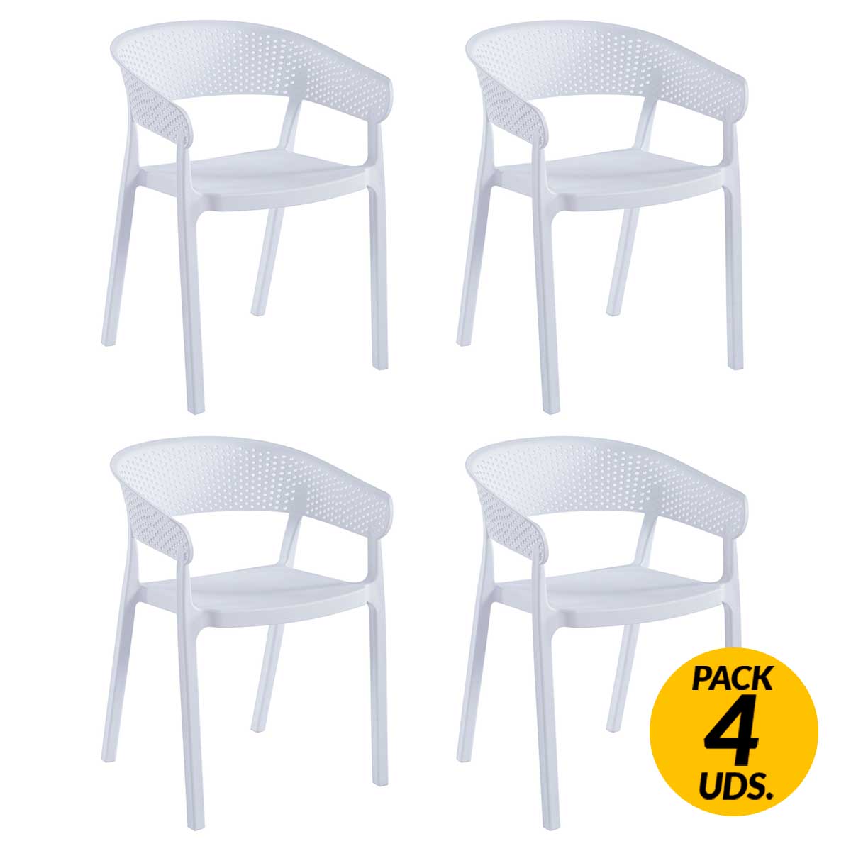 Pack de 4 sillas multiusos Bari con reposabrazos uso interior y exterior blanco