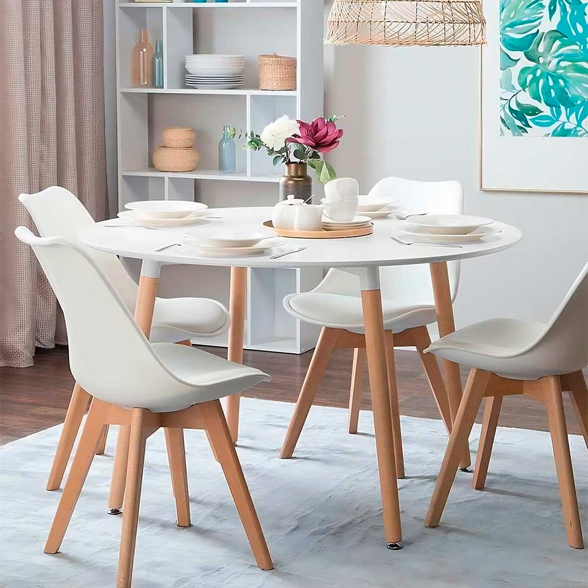 Mesa de comedor Nordika circular diseño nórdico blanco/haya 74,5x100x100 cm