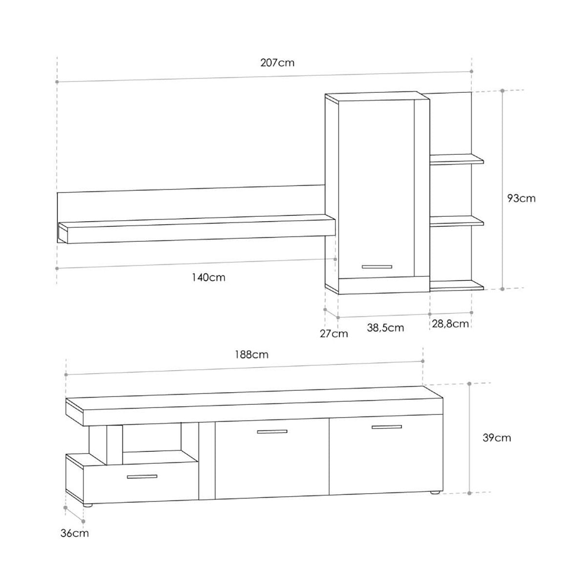 Composición de salón Jaloque acabado mate roble/blanco 194,2x207,3x41 cm medidas