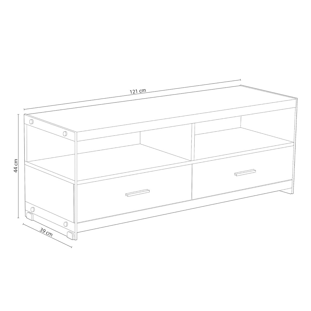Mueble bajo de TV Evan 2 módulos + 2 cajones madera 44x121x39 cm medidas