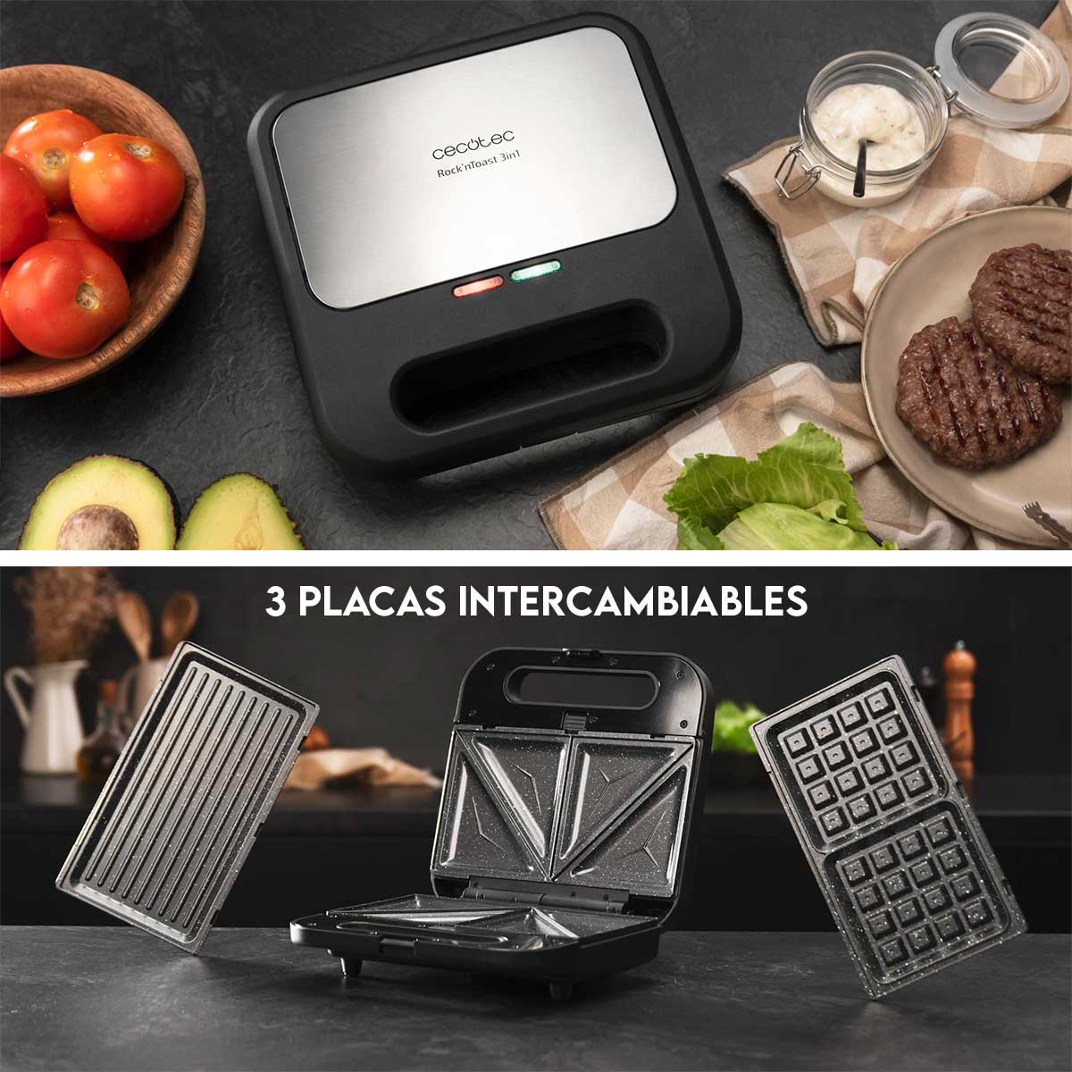 Sandwichera Cecotec Rock'n Toast 1000 3in1 800W 3 placas intercambiables negro 2