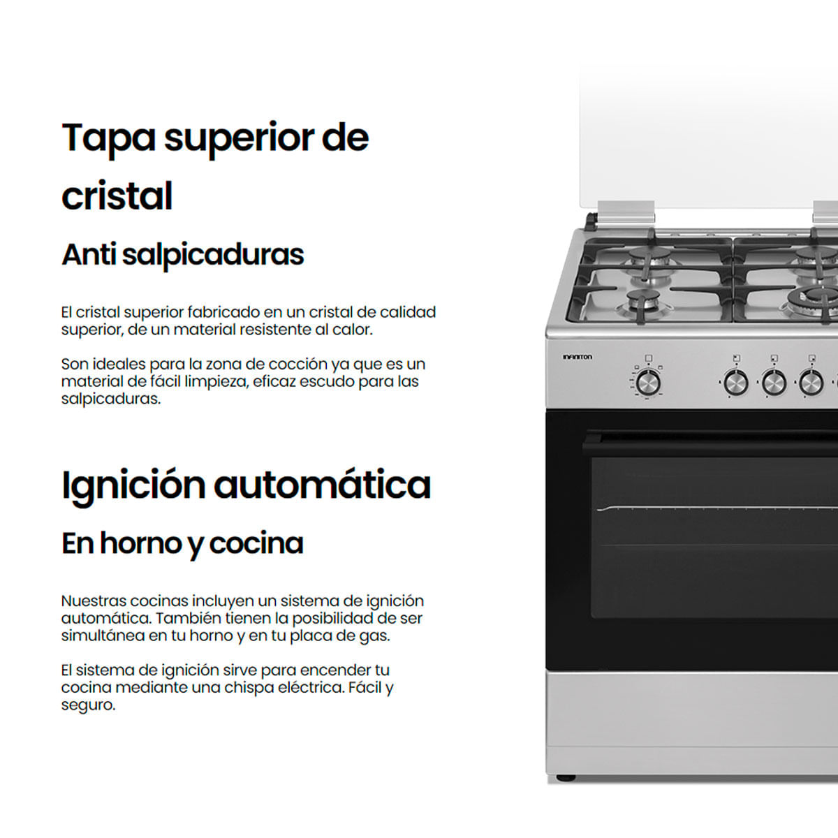 Cocina de gas con horno Infiniton CC61EHX 55L 4 fuegos A inox 59,8 cm 2
