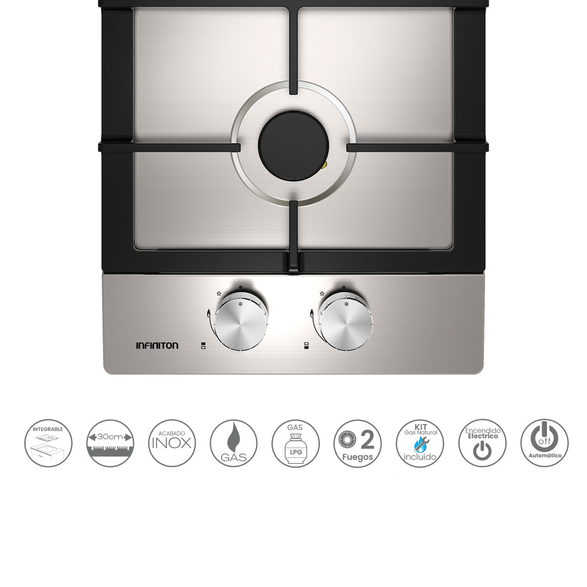 Encimera de gas Infiniton GAS-IX02 4300W 2 fuegos inox 30 cm 3