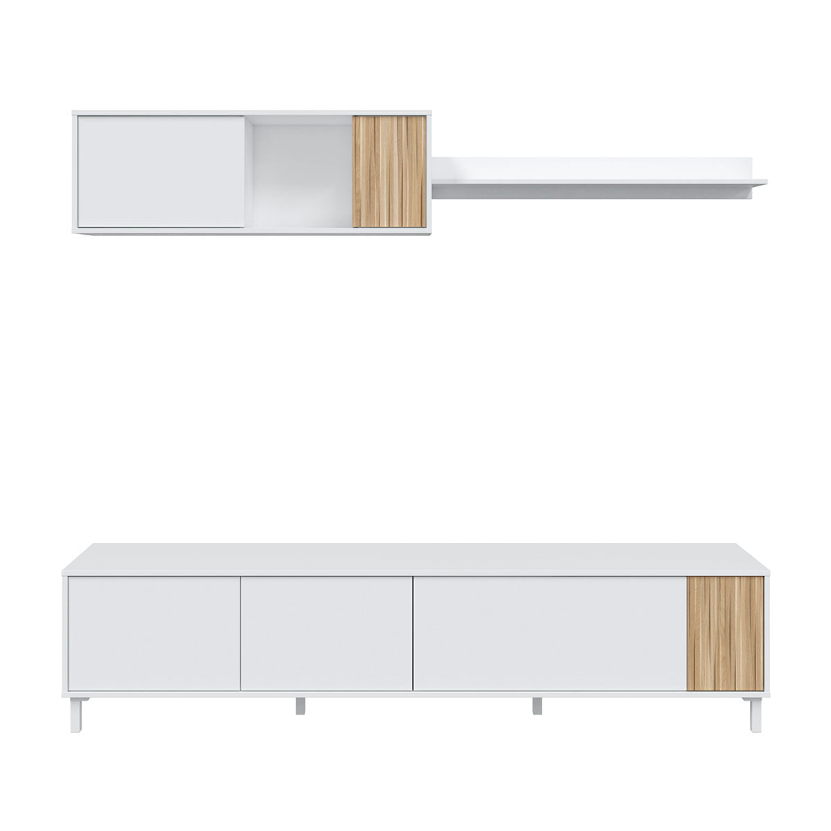 Composición de salón Ethna mueble bajo TV + módulo superior blanco Artik/natural 2