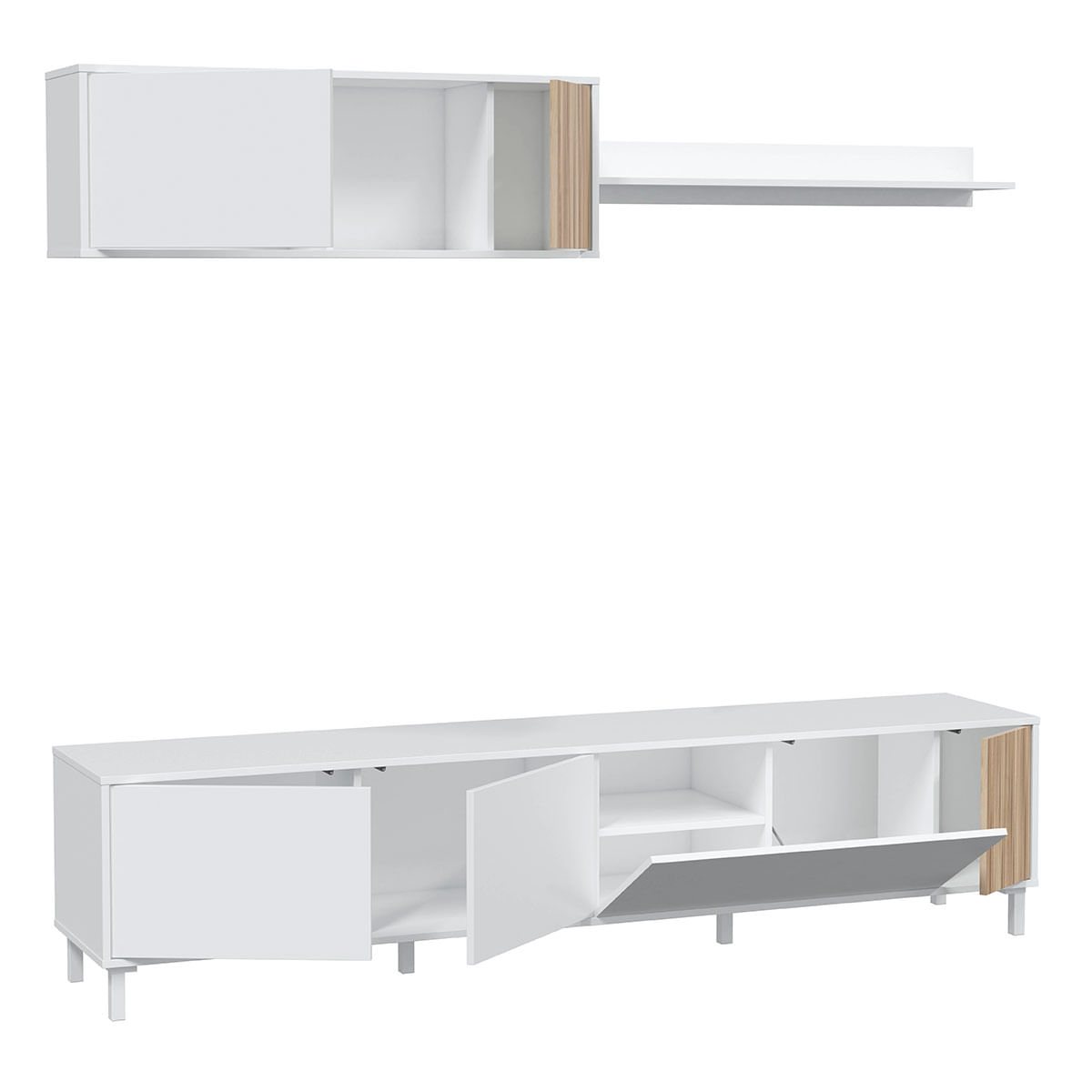 Composición de salón Ethna mueble bajo TV + módulo superior blanco Artik/natural 4