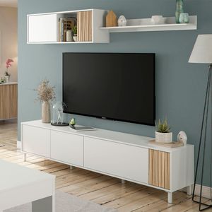 Composición de salón Ethna mueble bajo TV con módulo superior blanco Artik/natural