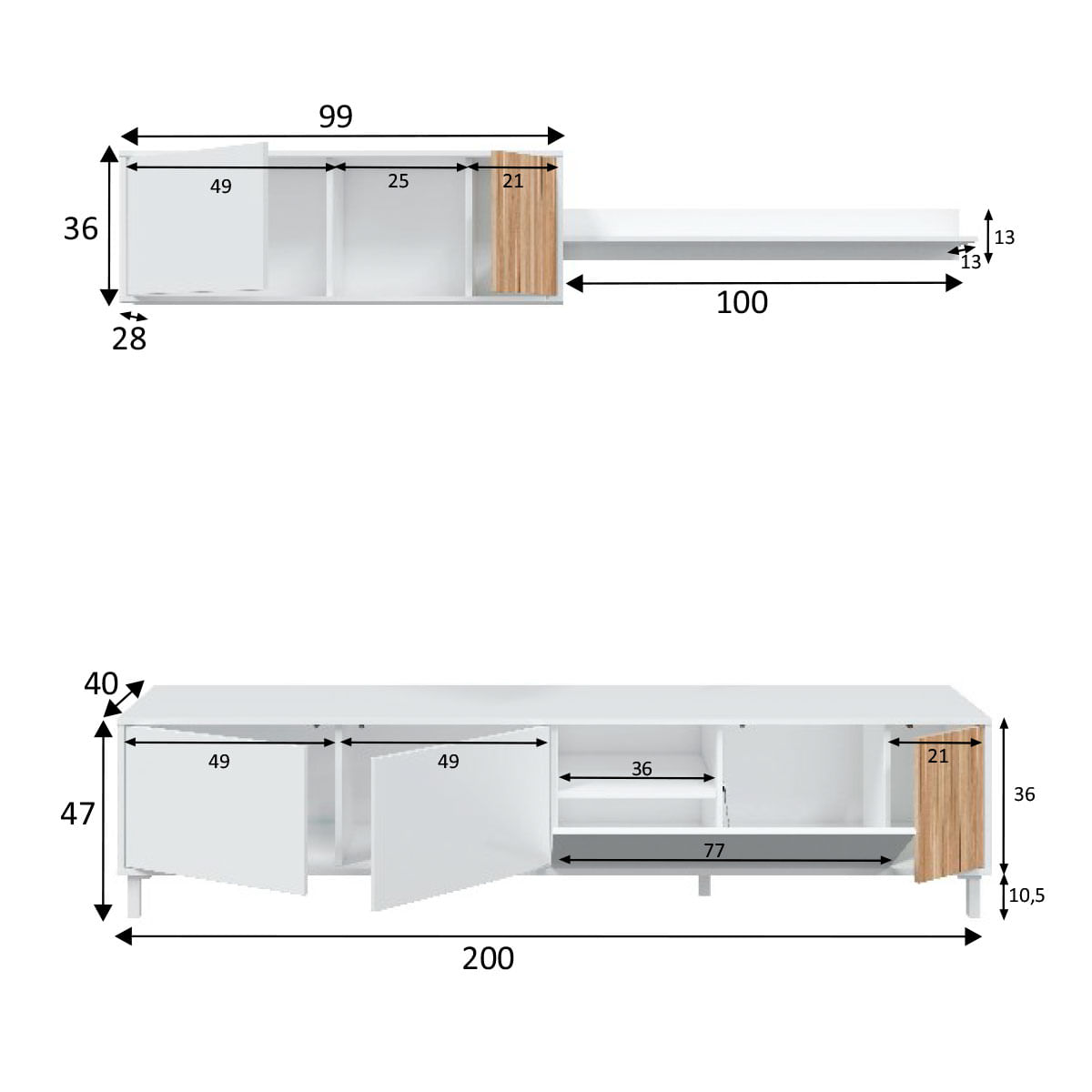 Composición de salón Ethna mueble bajo TV + módulo superior blanco Artik/natural medidas
