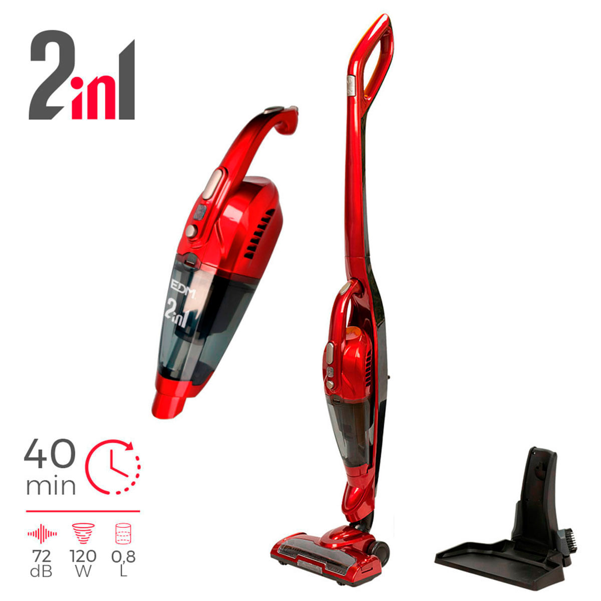 Aspirador vertical EDM 2 en 1 sin cables 120W 8,5kPa con accesorios rojo 2