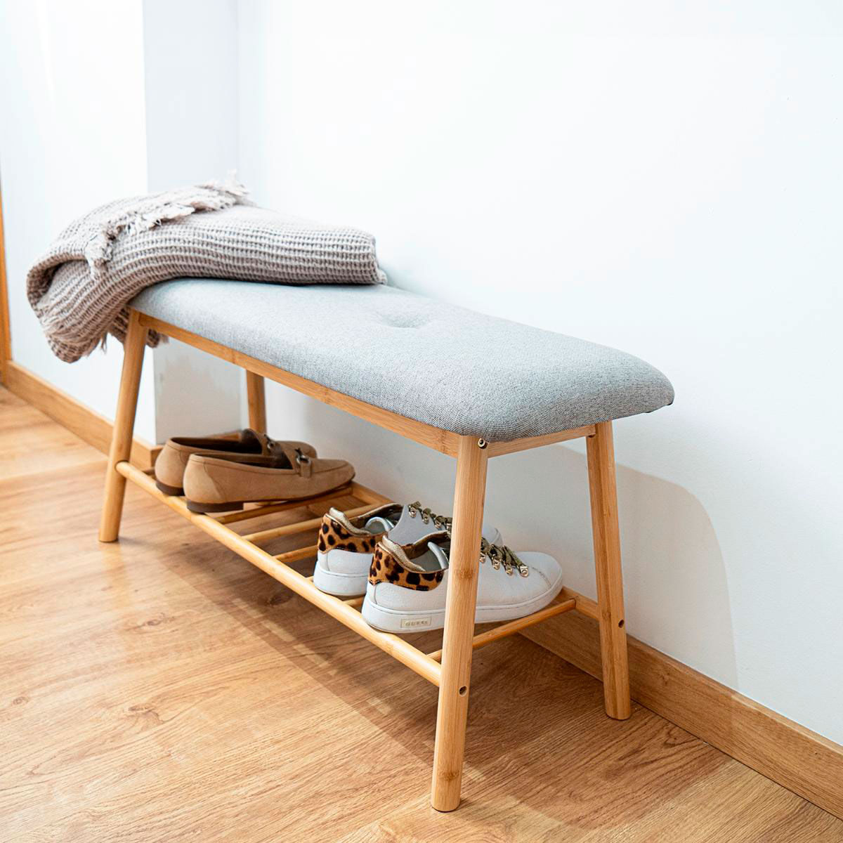 Banco zapatero MOA Vinthera con asiento tapizado gris/natural 45x90x30 cm 3