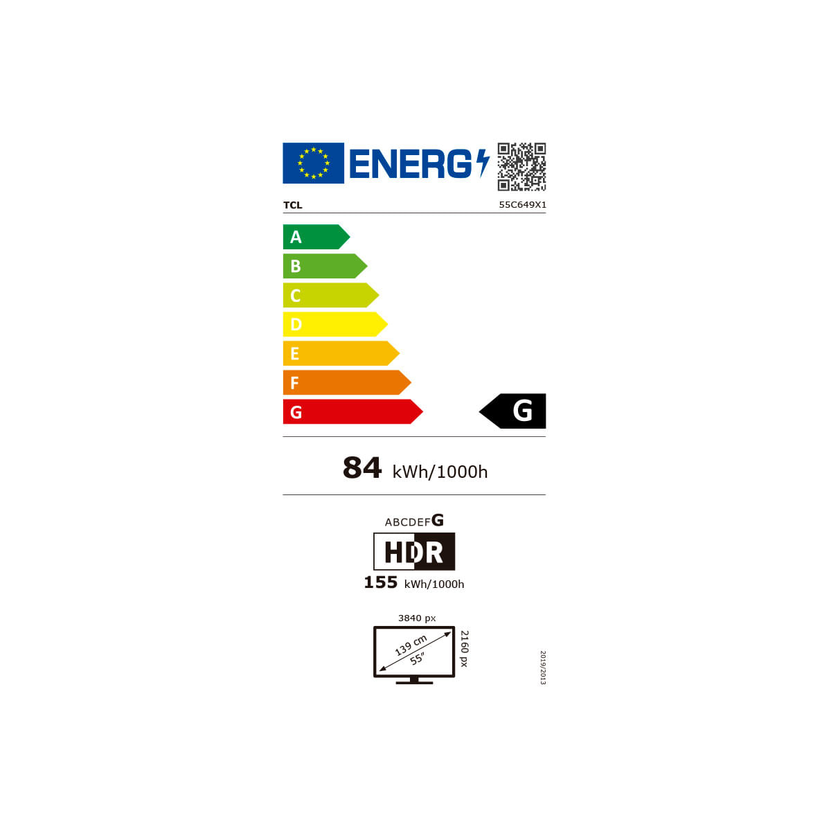 Televisor Smart TV TCL C64 Series 55’’ QLED 4K UHD Google TV G negro eficiencia energética