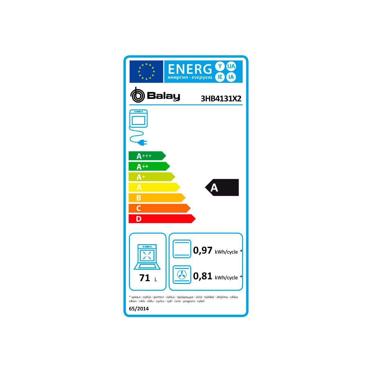 Horno Balay 3HB4131X2 3400W 71L display LED A inox 59,4 cm eficiencia-energetica