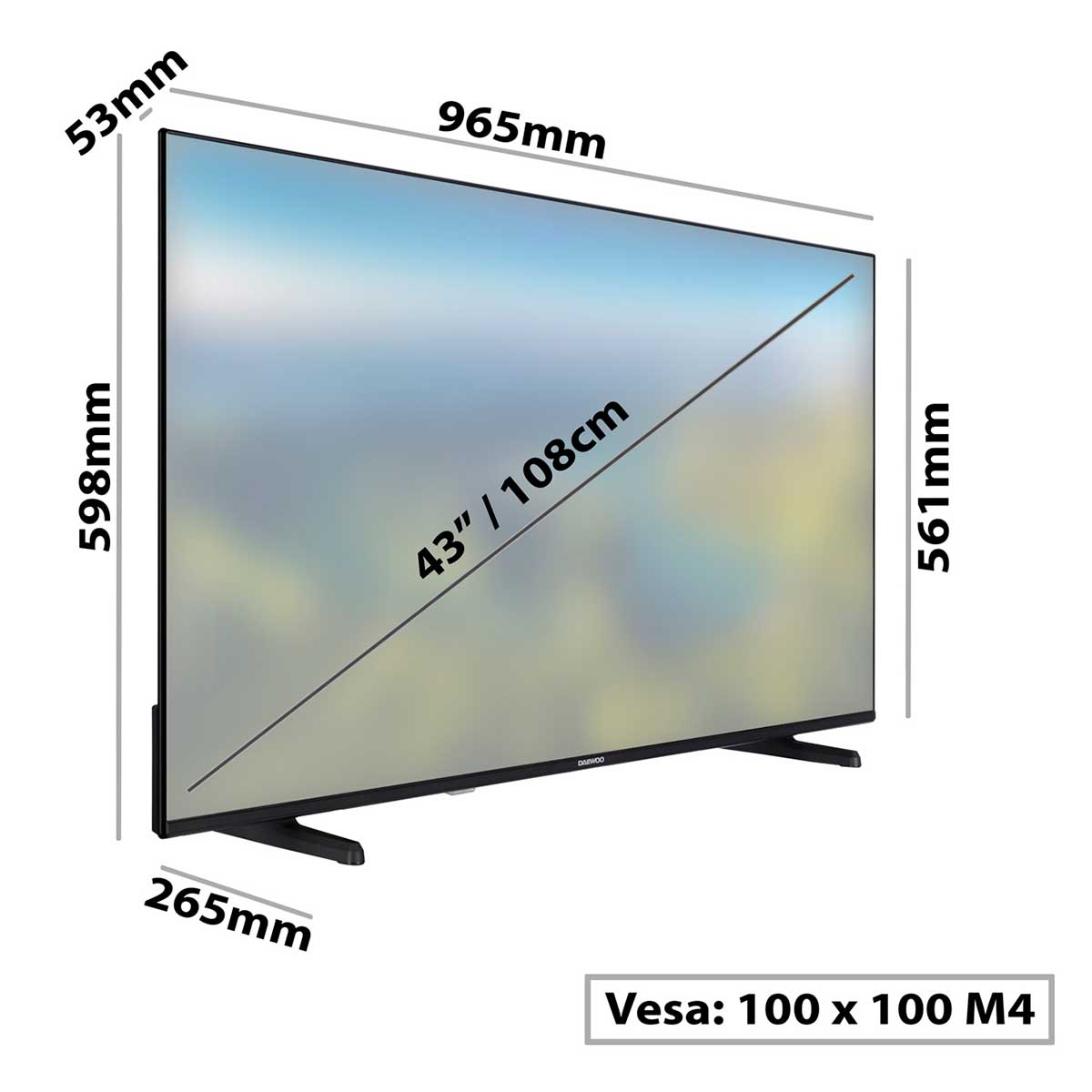 Televisor Smart TV Daewoo 43DM72UA 4K UHD 43’’ DLED Android 11 F negro medidas