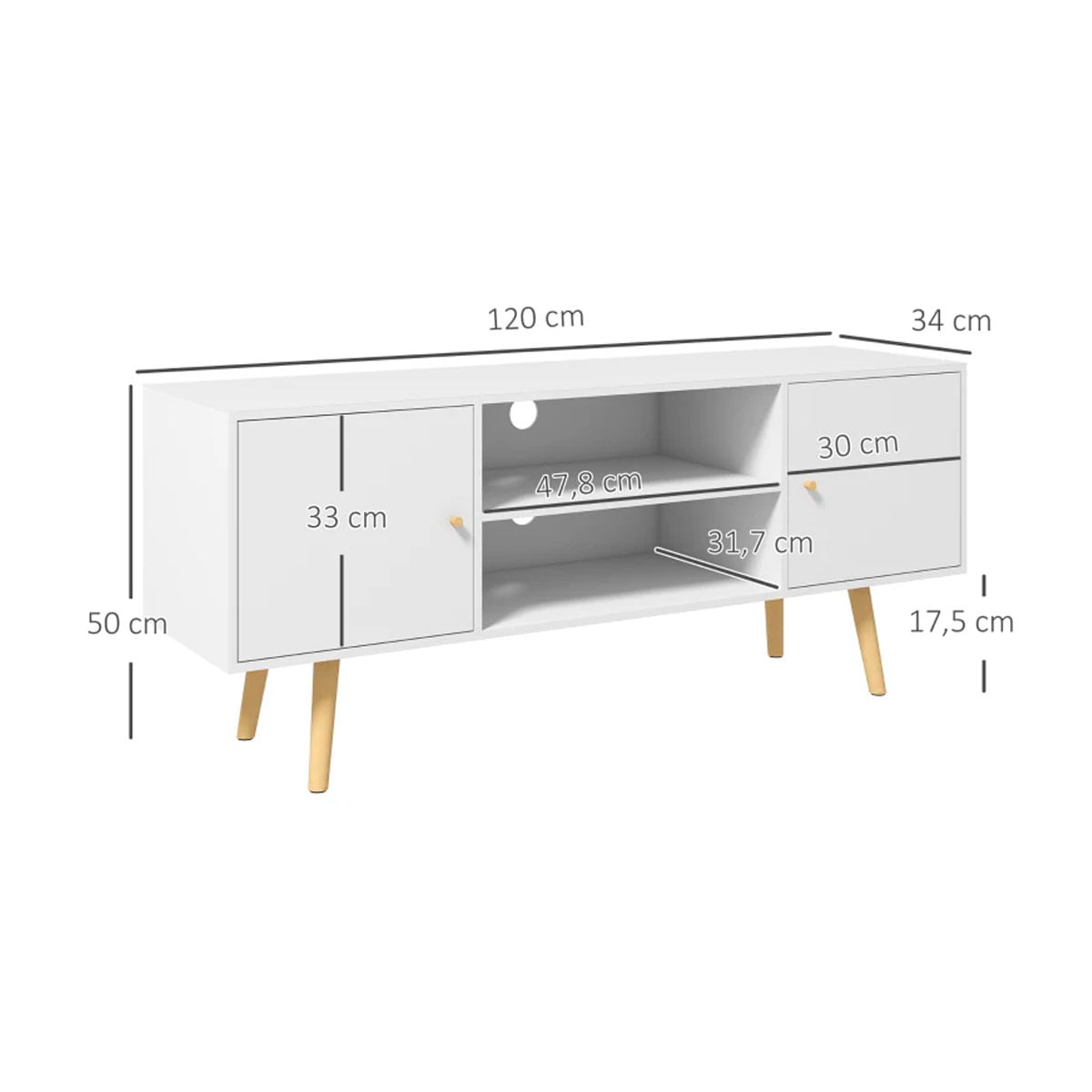 Mueble bajo de TV Soria Homcom diseño minimalista blanco 50x120x34 cm medidas